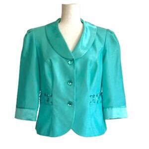 Dana Kay Blazer Jacket Dressy Formal Teal Blue Embellished 3/4 Sleeve Size 10